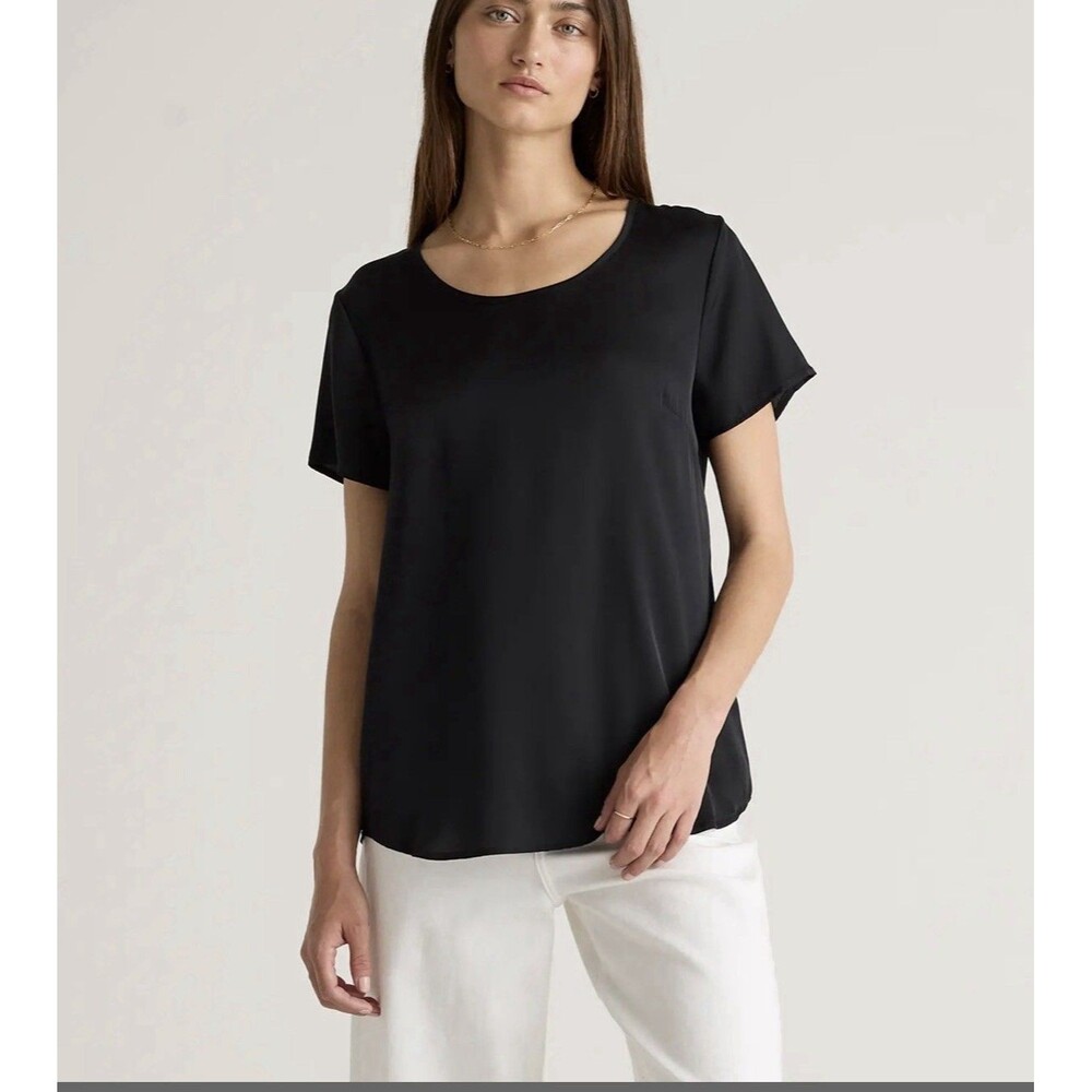 NWT Quince Silk Washable Stretch Tee Black Sz S Minimalist Quiet Luxury Preppy